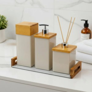 Kit Banheiro Lavabo em Vidro e Madeira com Saboneteira Luxo