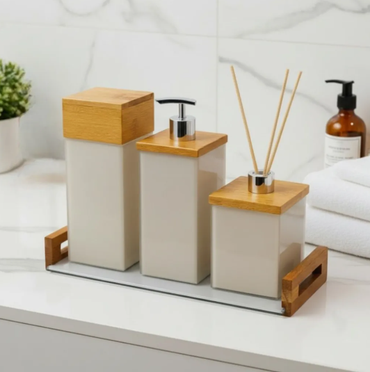 Kit Banheiro Lavabo em Vidro e Madeira com Saboneteira Luxo