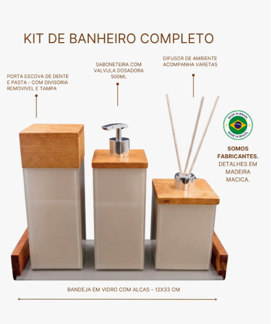 Kit Banheiro Lavabo em Vidro e Madeira com Saboneteira Luxo - Imagem 2
