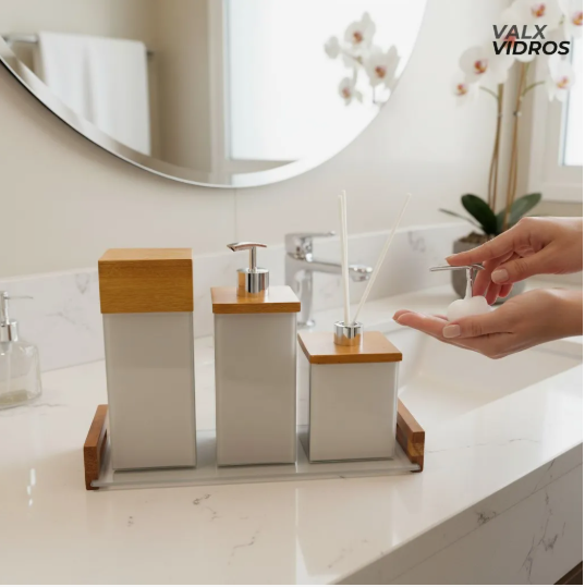 Kit Banheiro Lavabo em Vidro e Madeira com Saboneteira Luxo - Imagem 3
