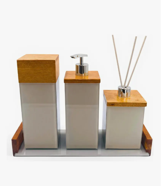 Kit Banheiro Lavabo em Vidro e Madeira com Saboneteira Luxo - Imagem 5